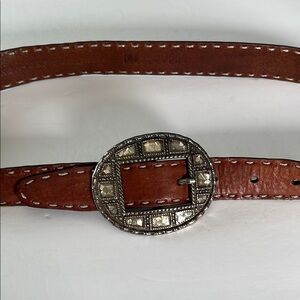 VTG Carol Little brown leather belt western boho round mother of pearl buckle M